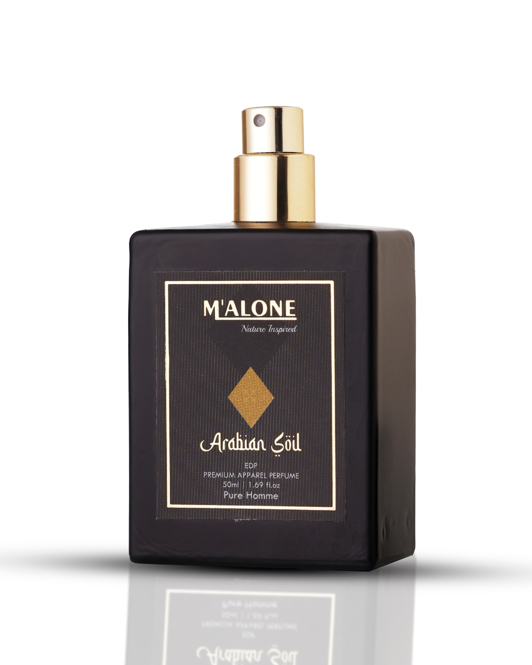Black perfume bottle with gold label on a black background