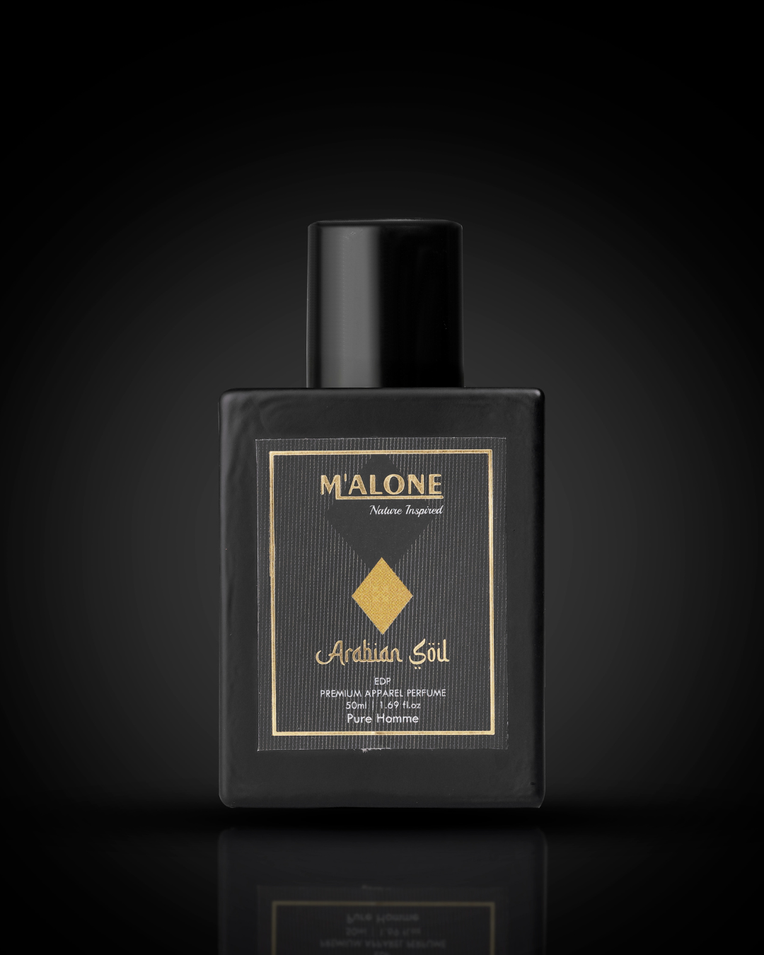 Black perfume bottle with gold label on a black background