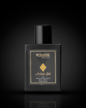 Black perfume bottle with gold label on a black background